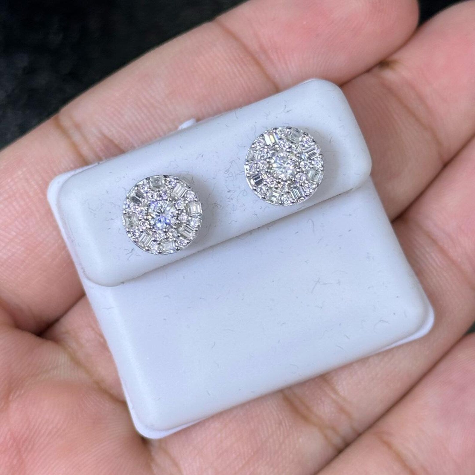 2.00 CTW Moissanite Round & Baguette Stud Earrings 925 Sterling Silver