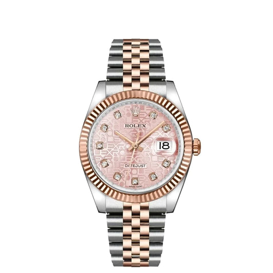 Rolex Datejust 36mm 2 Tone 18k Rose Gold & Stainless Steel Pink Jubilee Design Diamond Dial Fluted Bezel Jubilee Watch 116231