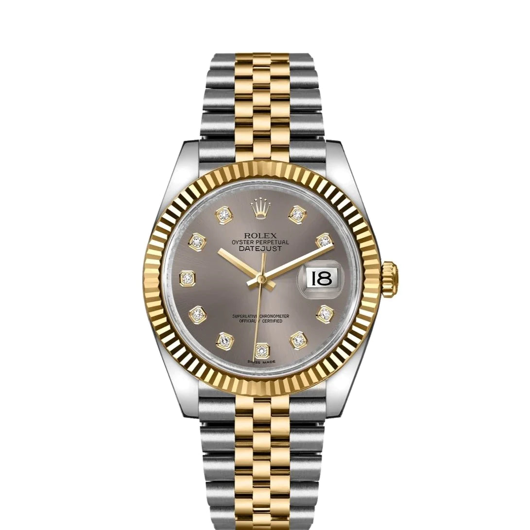 Rolex Datejust 36mm 2 Tone 18k Yellow Gold & Stainless Steel Gray Diamond Dial Fluted Bezel Jubilee Watch 116233