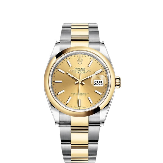 Rolex Datejust 36mm 2 Tone 18k Yellow Gold & Stainless Steel Champagne Dial Smooth Gold Bezel Oyster Steel Watch 126203
