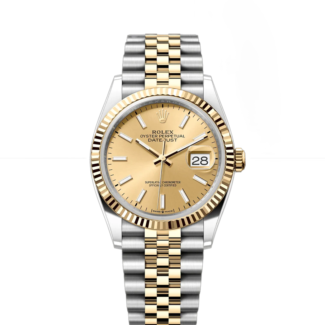 Rolex Datejust 36mm 2 Tone 18k Yellow Gold & Stainless Steel Champagne Diamond Dial Fluted Bezel Jubilee Watch 116233