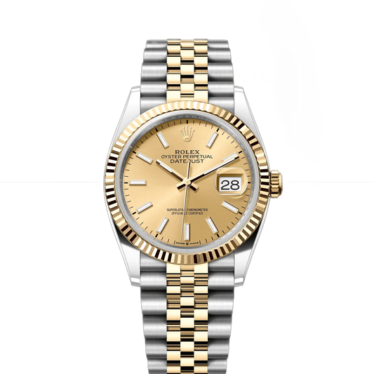 Rolex Datejust 36mm 2 Tone 18k Yellow Gold & Stainless Steel Champagne Diamond Dial Fluted Bezel Jubilee Watch 116233