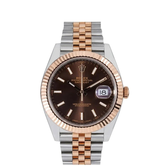Rolex Datejust 41mm 2 Tone 18k Rose Gold & Stainless Steel Fluted Bezel Chocolate Dial Jubilee Steel Watch 126331