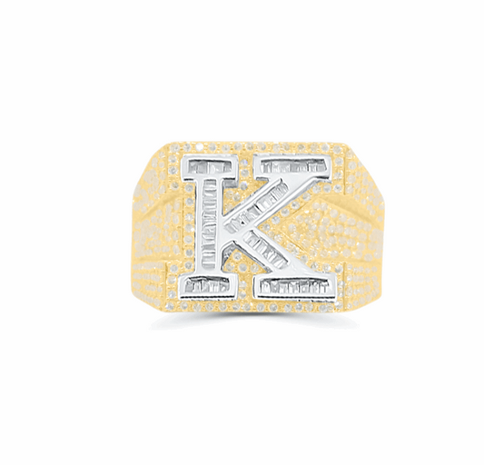 10K Gold Diamond Letter K Men's Ring 2.00CT