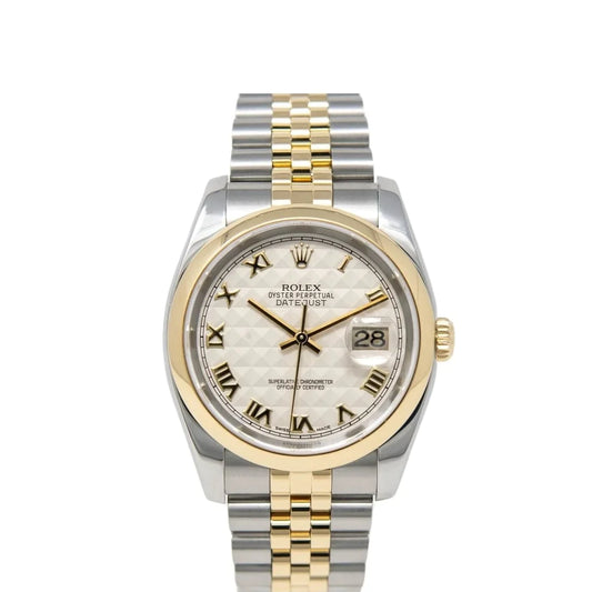 Rolex Datejust 36mm 2 Tone 18k Yellow Gold & Stainless Steel Ivory Pyramid Roman Dial Fluted Bezel Jubilee Watch 116233