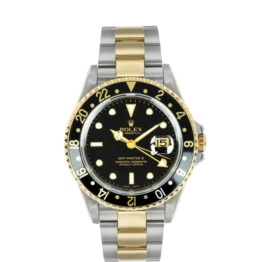 Rolex GMT-Master II 40mm 2 Tone Stainless Steel & 18k Yellow Gold Black Dial & Bezel Oyster Steel Watch 16713