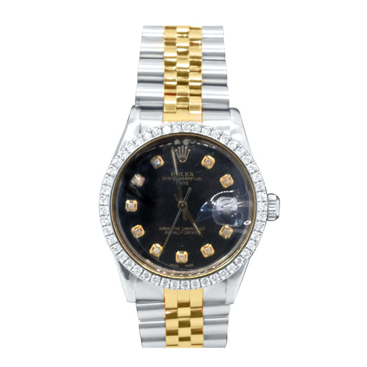 Rolex Oyester Perpetual Date 34mm 2CT Diamond Bezel Black Dial 2 Tone Yellow Gold and Silver Stainless Steel