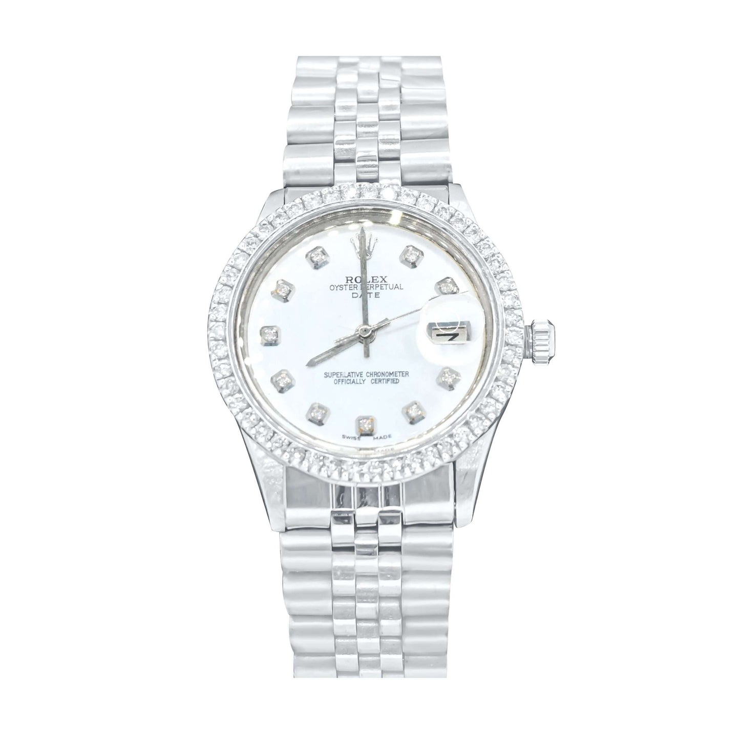 Rolex Day-Date 34mm 2CT Diamond Bezel Silver Stainless Steel Watch