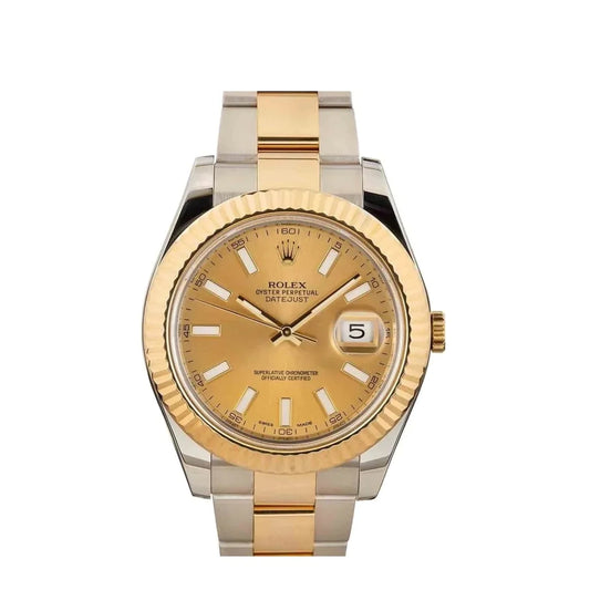 Rolex Datejust 41mm 2 Tone 18k Yellow Gold & Stainless Steel Fluted Bezel Champagne Dial Oyster Steel Watch 116333
