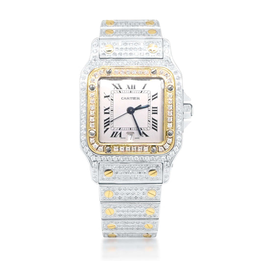 Cartier Santos Iced Out 28mm Golden Dial Watch