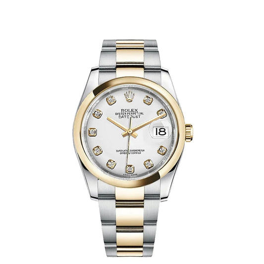 Rolex Datejust 36mm 2 Tone 18k Yellow Gold & Stainless Steel White Diamond Dial Smooth Gold Bezel Oyster Steel Watch 116203