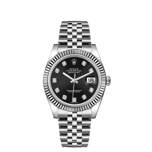 Rolex Datejust 36mm Stainless Steel 18k White Gold Fluted Bezel Black Diamond Dial Jubilee Watch 116234