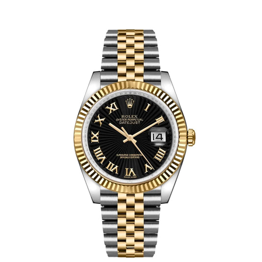 Rolex Datejust 36mm 2 Tone 18k Yellow Gold & Stainless Steel Black Design Dial Fluted Bezel Jubilee Watch 116233