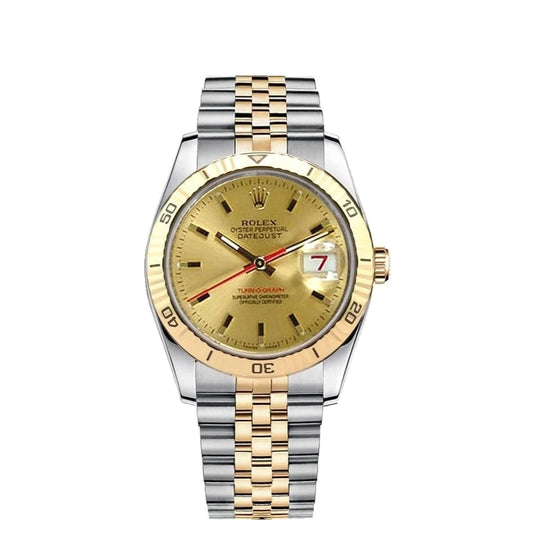 Rolex Datejust Turnograph 36mm 2 Tone 18k Yellow Gold & Stainless Steel Champagne Dial Fluted Bezel Jubilee Steel Watch 116263