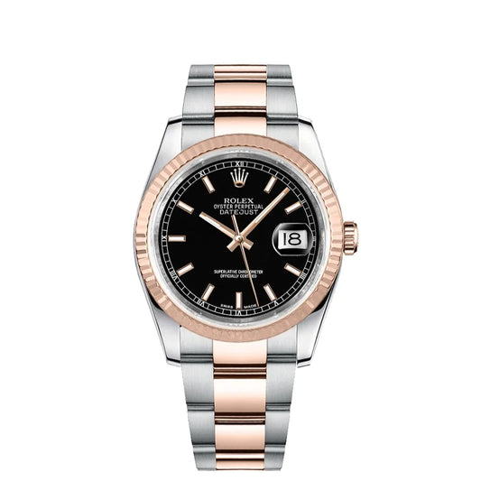 Rolex Datejust 36mm 2 Tone 18k Rose Gold & Stainless Steel Black Dial Fluted Bezel Oyster Watch 116231