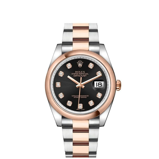 Rolex Datejust 36mm 2 Tone 18k Rose Gold & Stainless Steel Black Diamond Dial Smooth Bezel Oyster Watch 116201