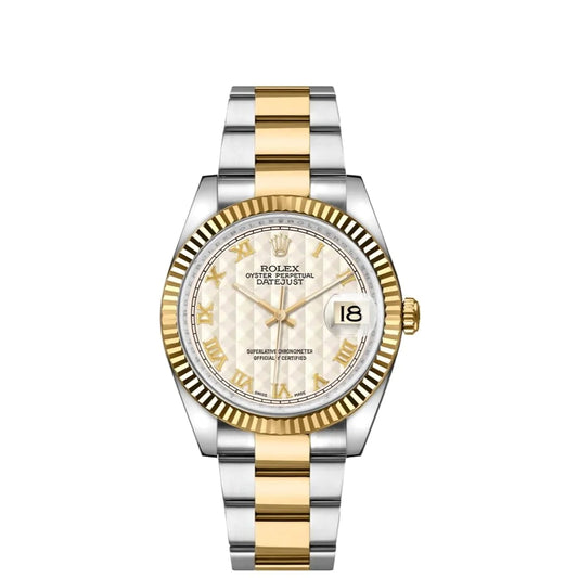 Rolex Datejust 36mm 2 Tone 18k Yellow Gold & Stainless Steel Ivory Pyramid Roman Dial Fluted Bezel Oyster Watch 116233