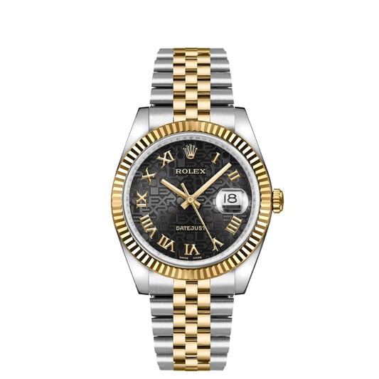Rolex Datejust 36mm 2 Tone 18k Yellow Gold & Stainless Steel Black Jubilee Design Dial Fluted Bezel Jubilee Watch 116223