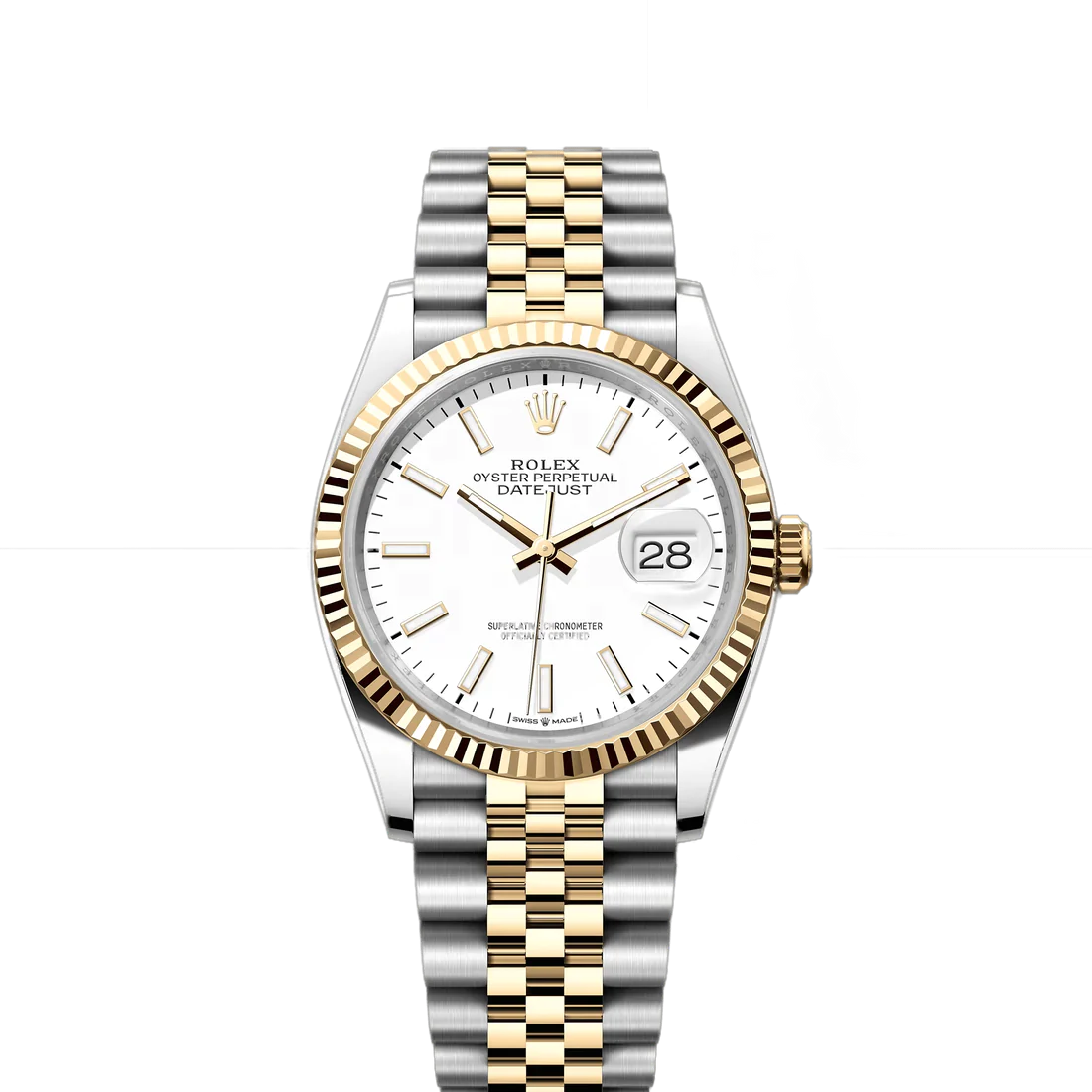 Rolex Datejust 36mm 2 Tone 18k Yellow Gold & Stainless Steel White Dial Fluted Bezel Jubilee Watch 126233