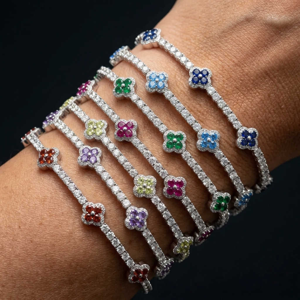 Colorful Clover Bracelet [9.04CTW Moissanites] Round Moissanites 925 Sterling Silver