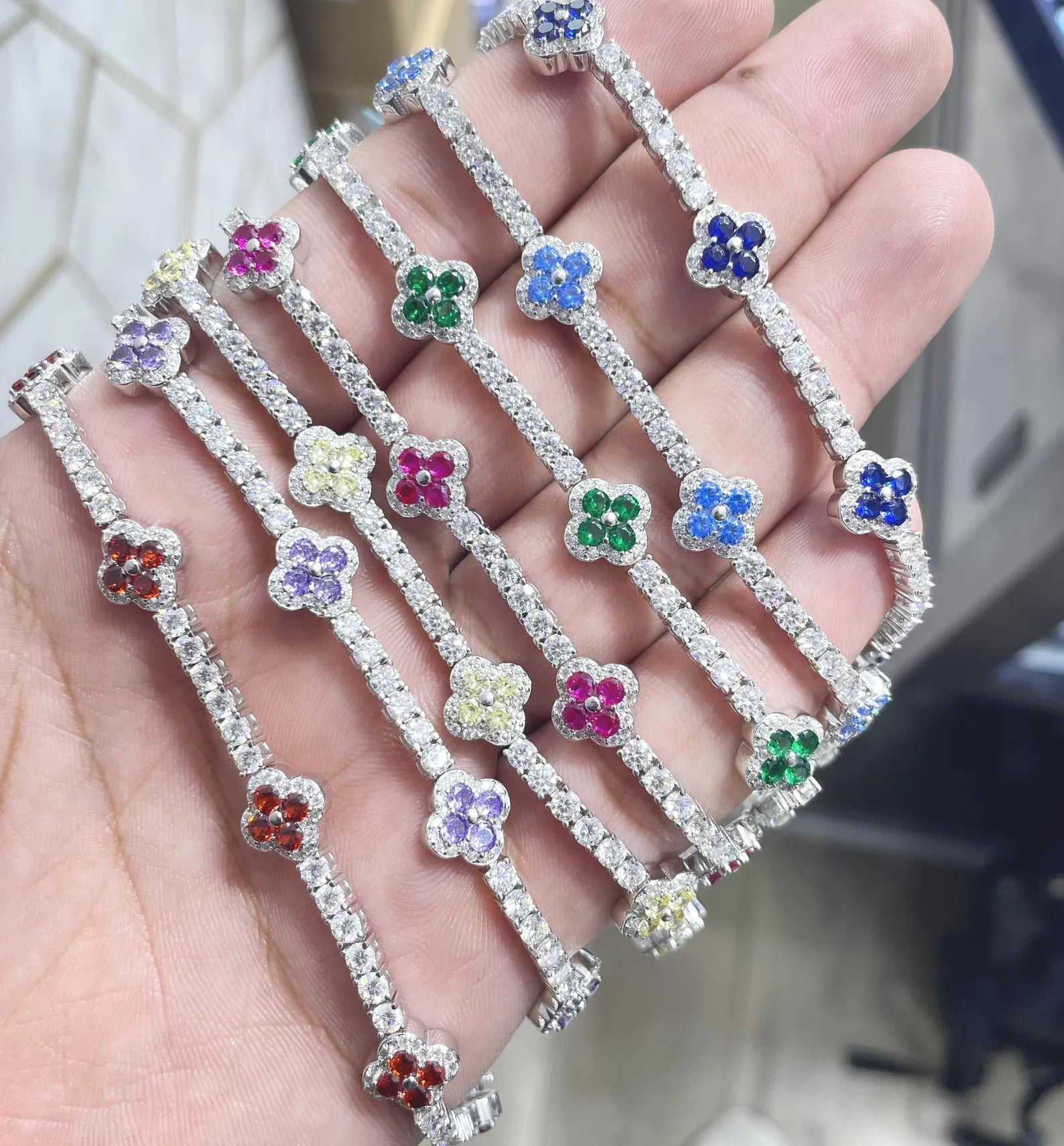 Colorful Clover Bracelet [9.04CTW Moissanites] Round Moissanites 925 Sterling Silver
