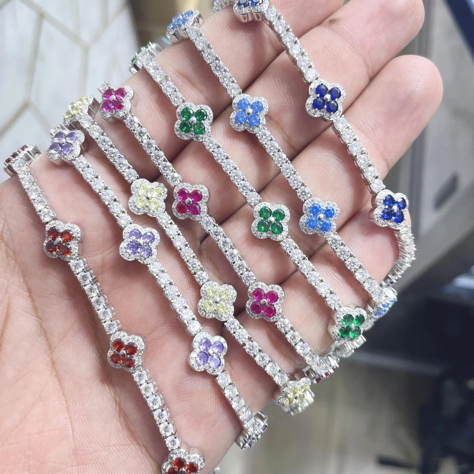 Colorful Clover Bracelet [9.04CTW Moissanites] Round Moissanites 925 Sterling Silver