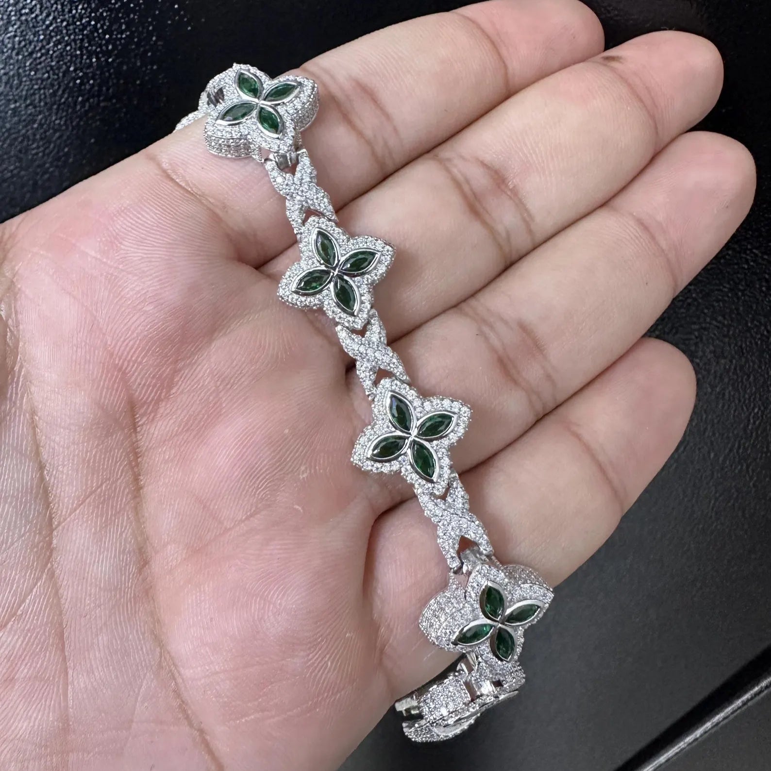 Clover VVS Iced out Bracelet Green [9.04 CTW] Moissanites in 925 Sterling Silver