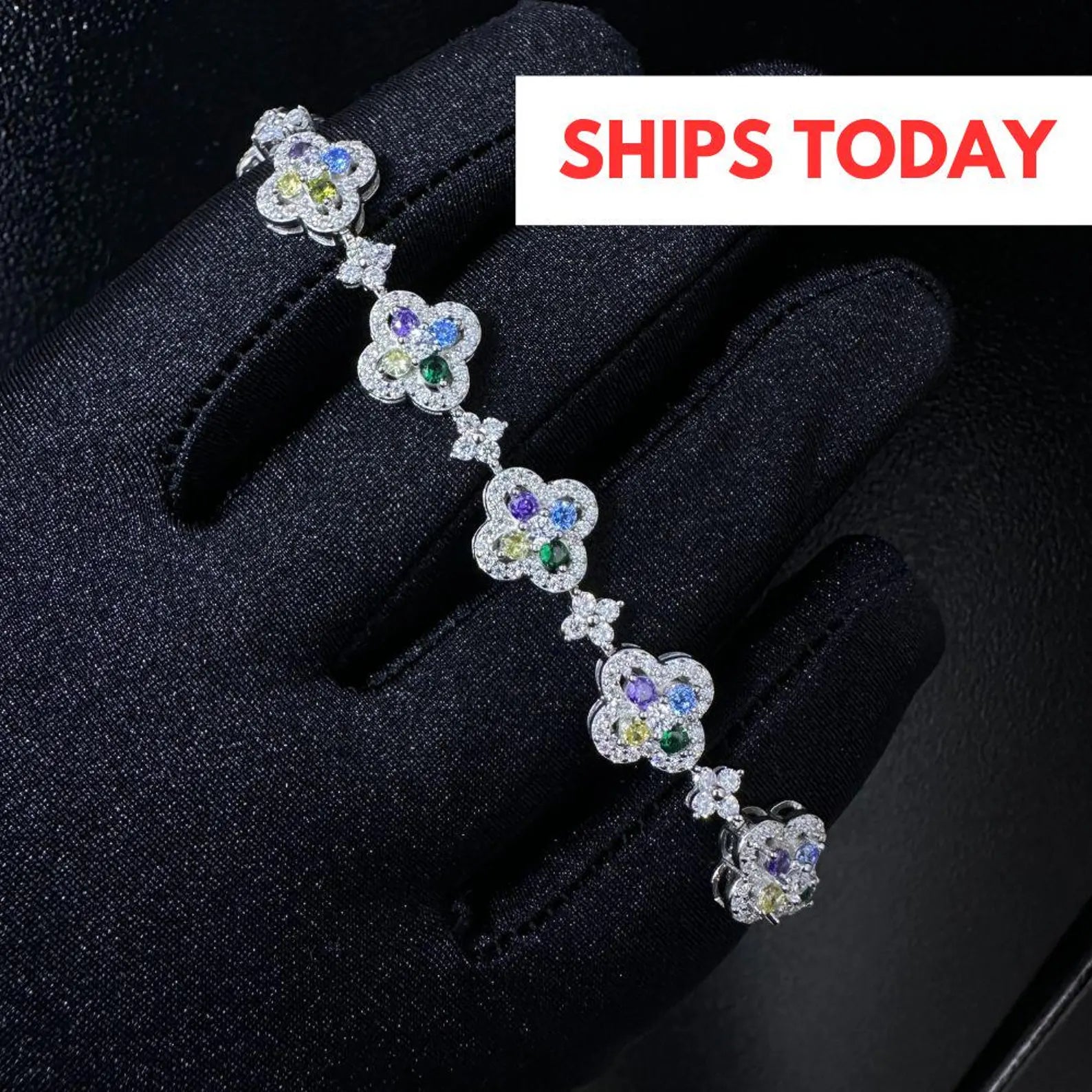 VVS Clover Tennis Moissanite Bracelet Multi-Color in 925 Sterling Silver