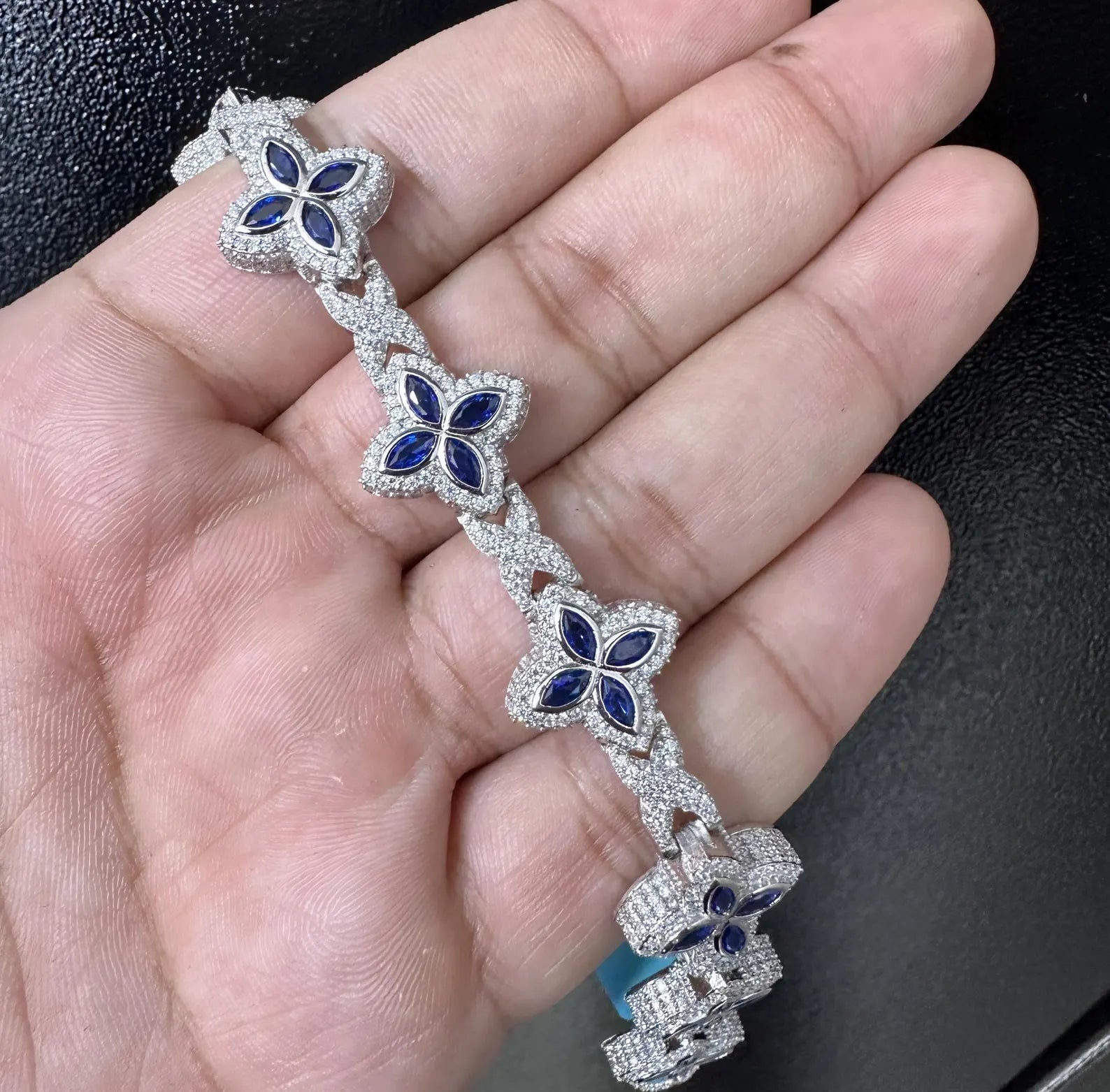 Clover VVS Iced out Bracelet Blue [9.04 CTW] Moissanites in 925 Sterling Silver