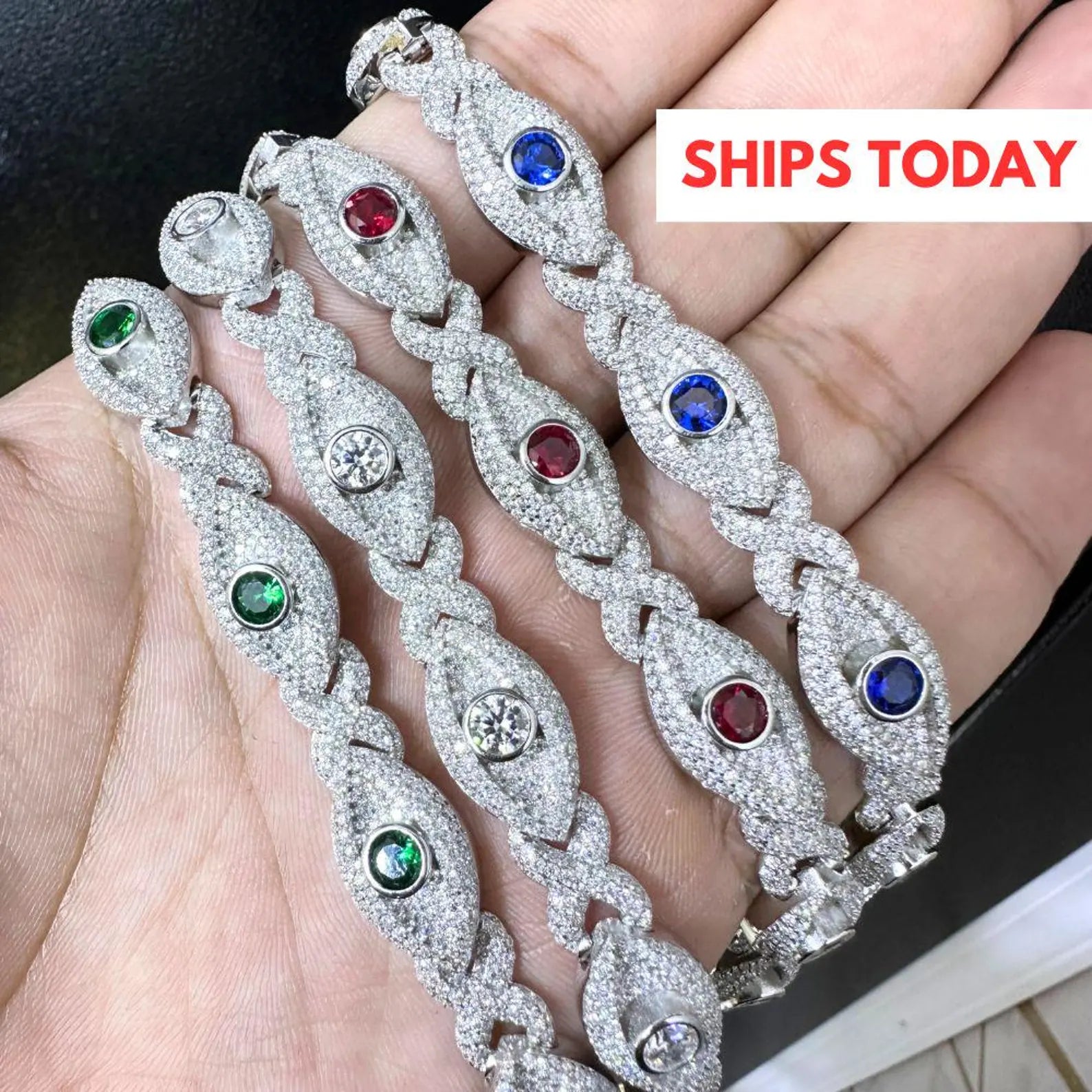 Iced out Evil Eye Link Bracelet 12mm [9.30CTW] Moissanites in 925 Sterling Silver