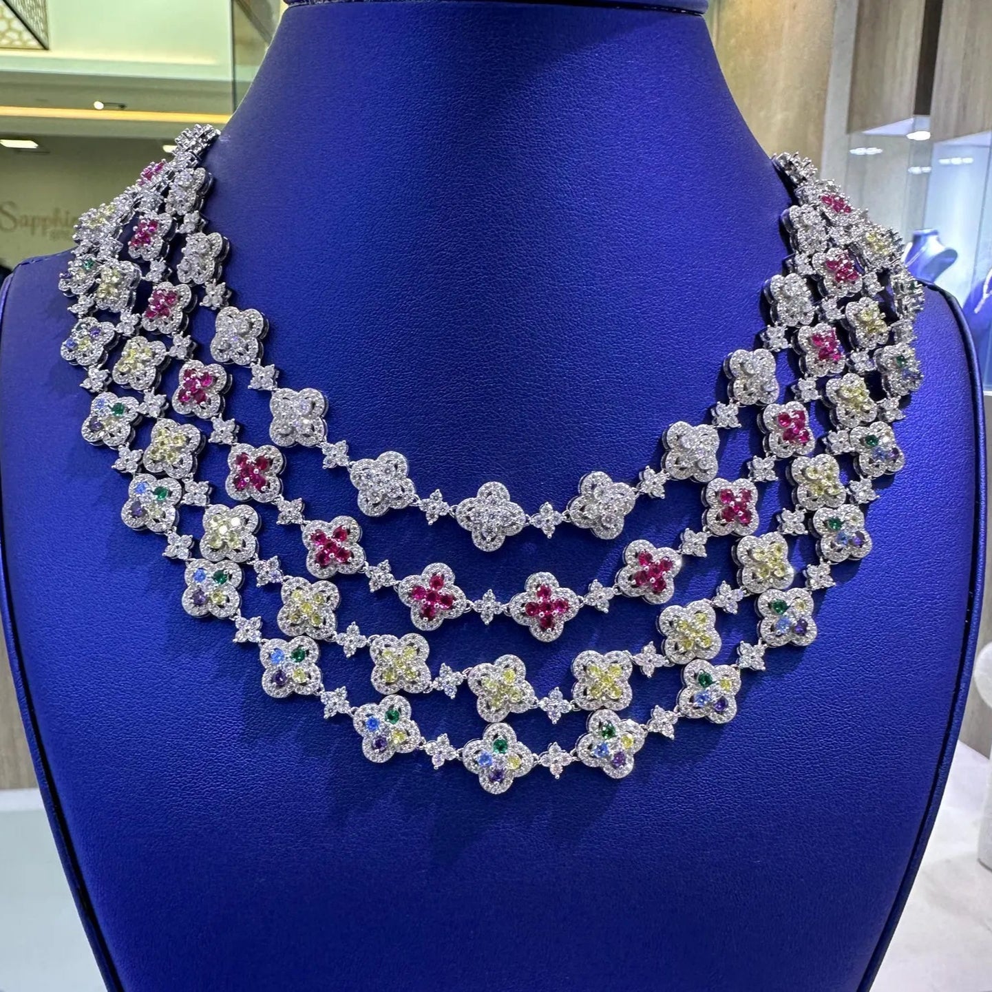 Clover Colored Sapphire Moissanite Necklace [9.30CTW] in 925 Sterling Silver