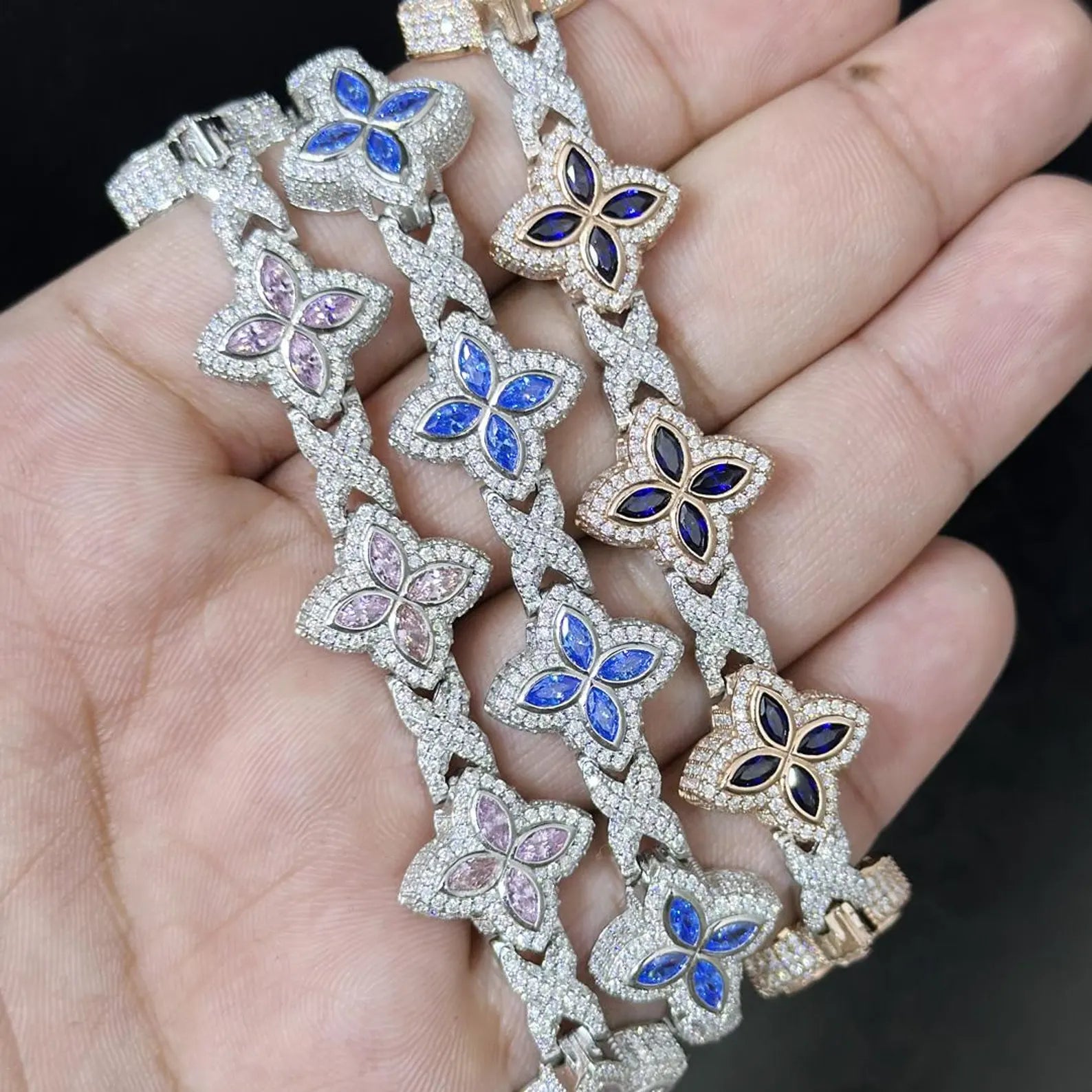 Colored Sapphire Moissanite Clover Bracelet  [9.04CTW Moissanites] Round Moissanites 925 Sterling Silver