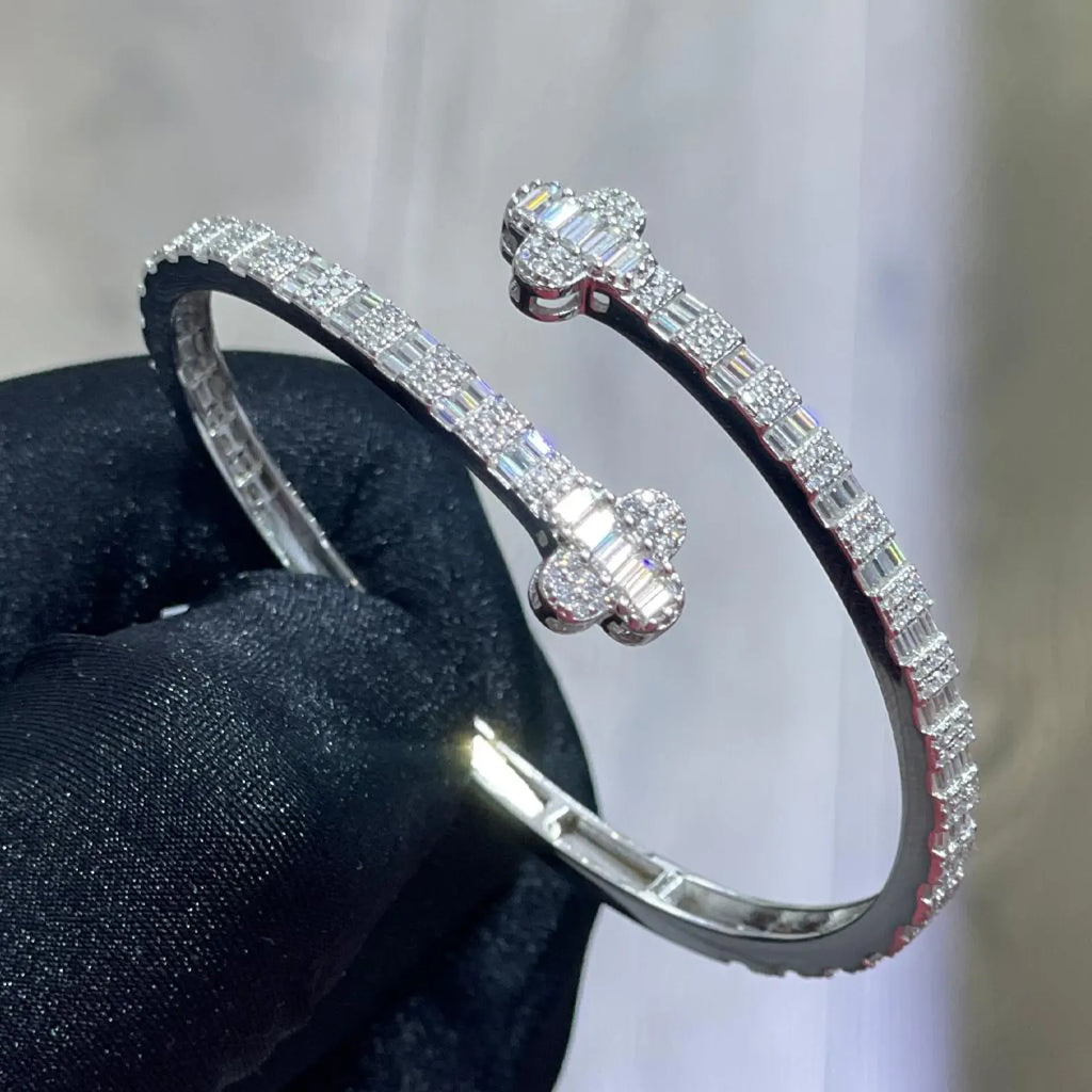 Four Leaf Clover Baguette Cuff Bangle [4.20CTW Moissanites] Baguette & Round 925 Sterling Silver