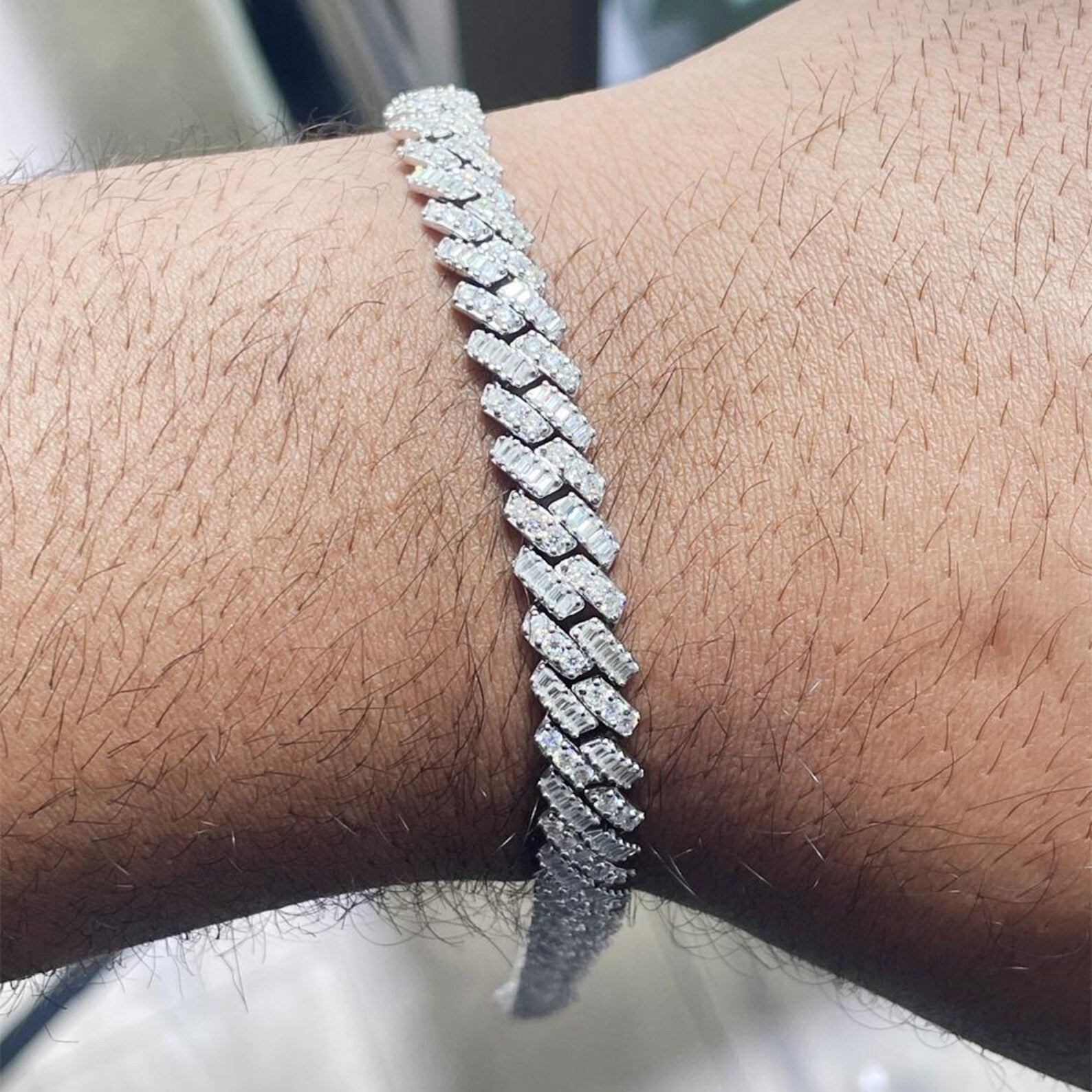 VVS Baguette Round Moissanite Cuban Bracelet in 925 Sterling Silver