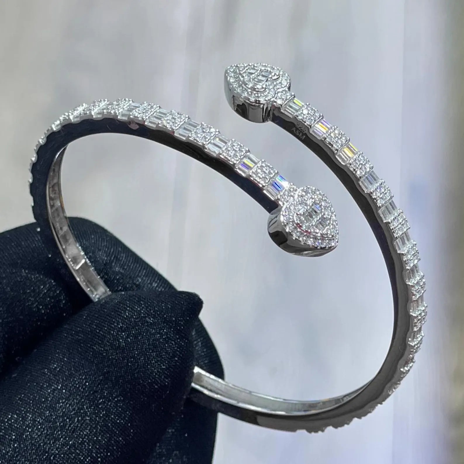 Heart Snap Bangle [3.75CTW Moissanites] Baguette & Round 925 Sterling Silver