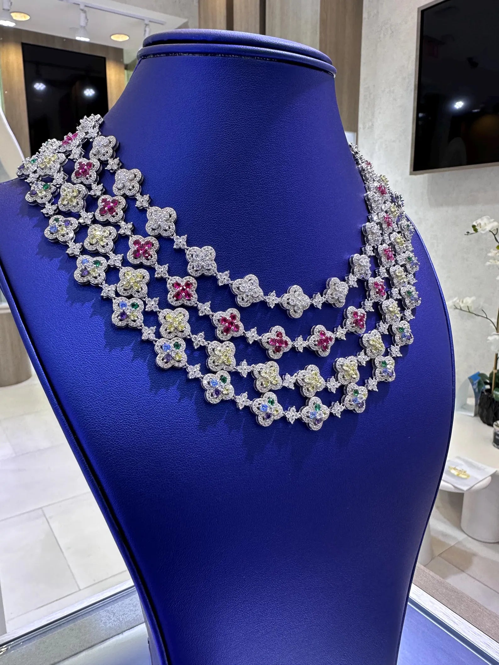 Clover Colored Sapphire Moissanite Necklace [9.30CTW] in 925 Sterling Silver