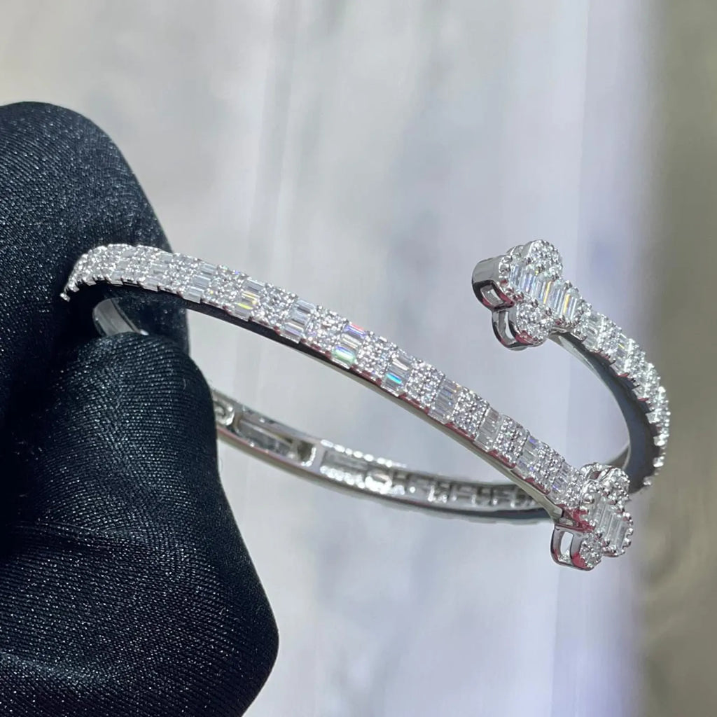 Four Leaf Clover Baguette Cuff Bangle [4.20CTW Moissanites] Baguette & Round 925 Sterling Silver