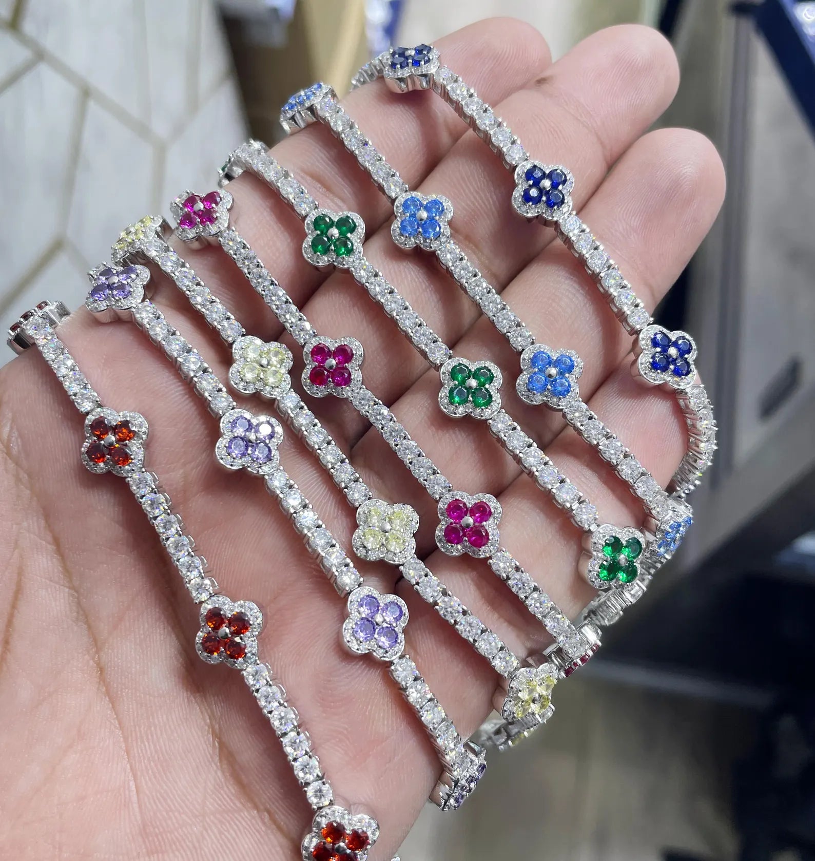 Colorful Clover Bracelet [9.04CTW Moissanites] Round Moissanites 925 Sterling Silver