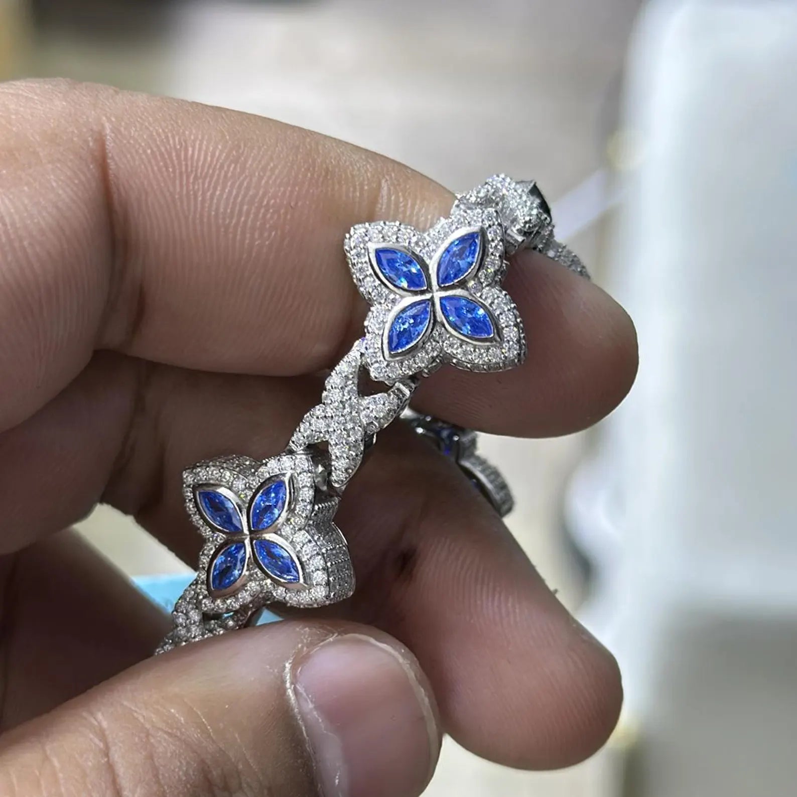 Colored Sapphire Moissanite Clover Bracelet  [9.04CTW Moissanites] Round Moissanites 925 Sterling Silver