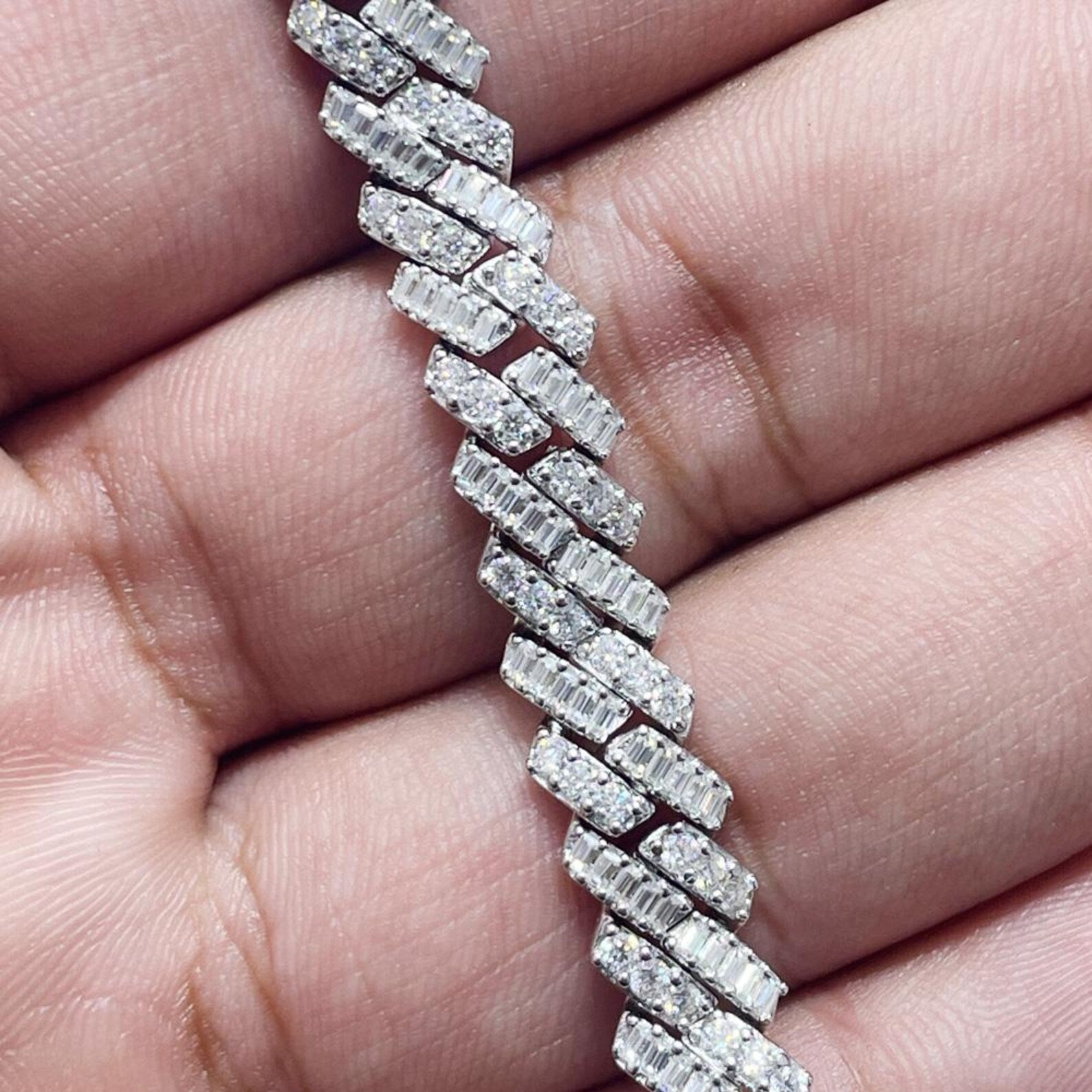 VVS Baguette Round Moissanite Cuban Bracelet in 925 Sterling Silver