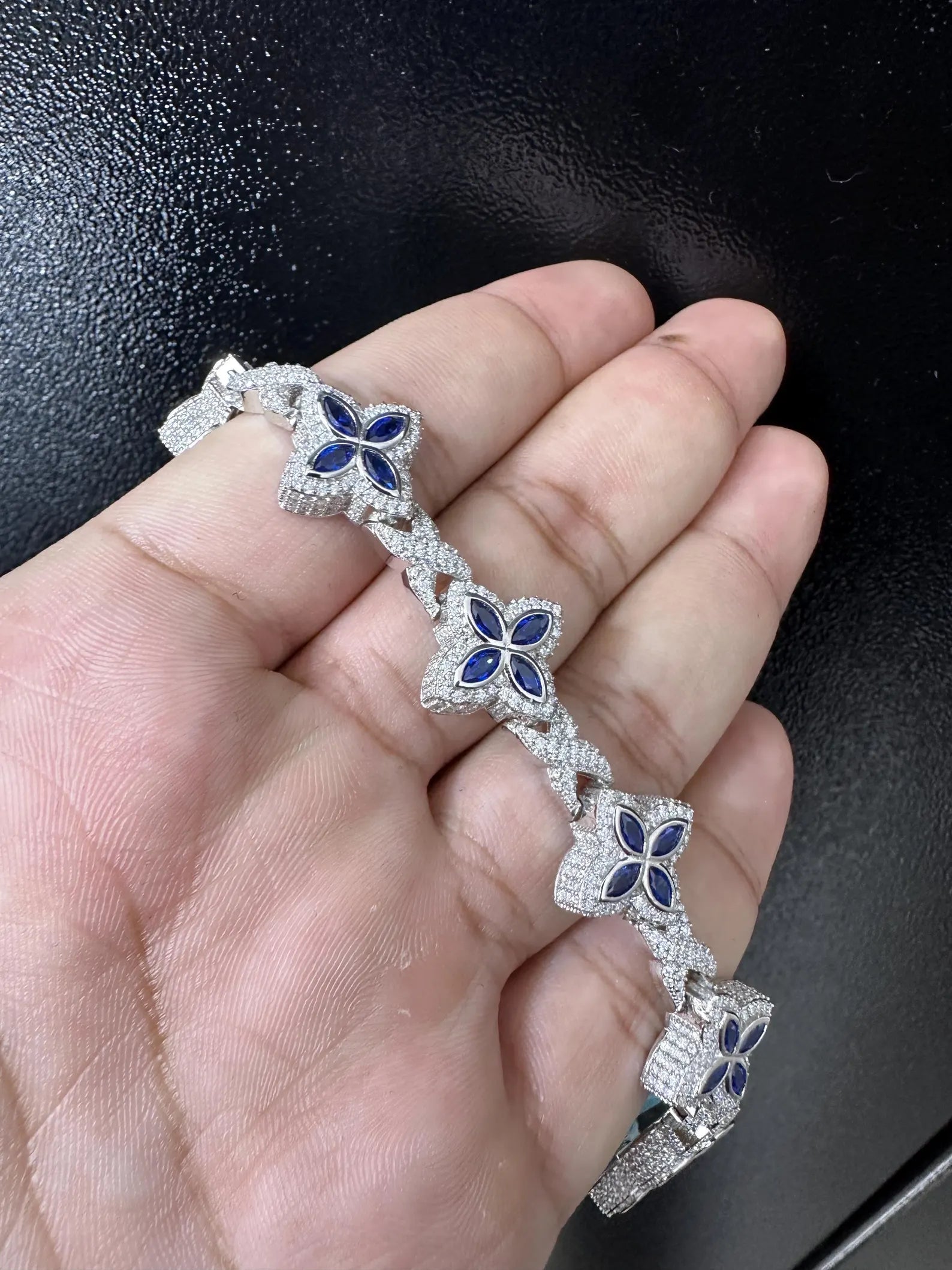 Clover VVS Iced out Bracelet Blue [9.04 CTW] Moissanites in 925 Sterling Silver