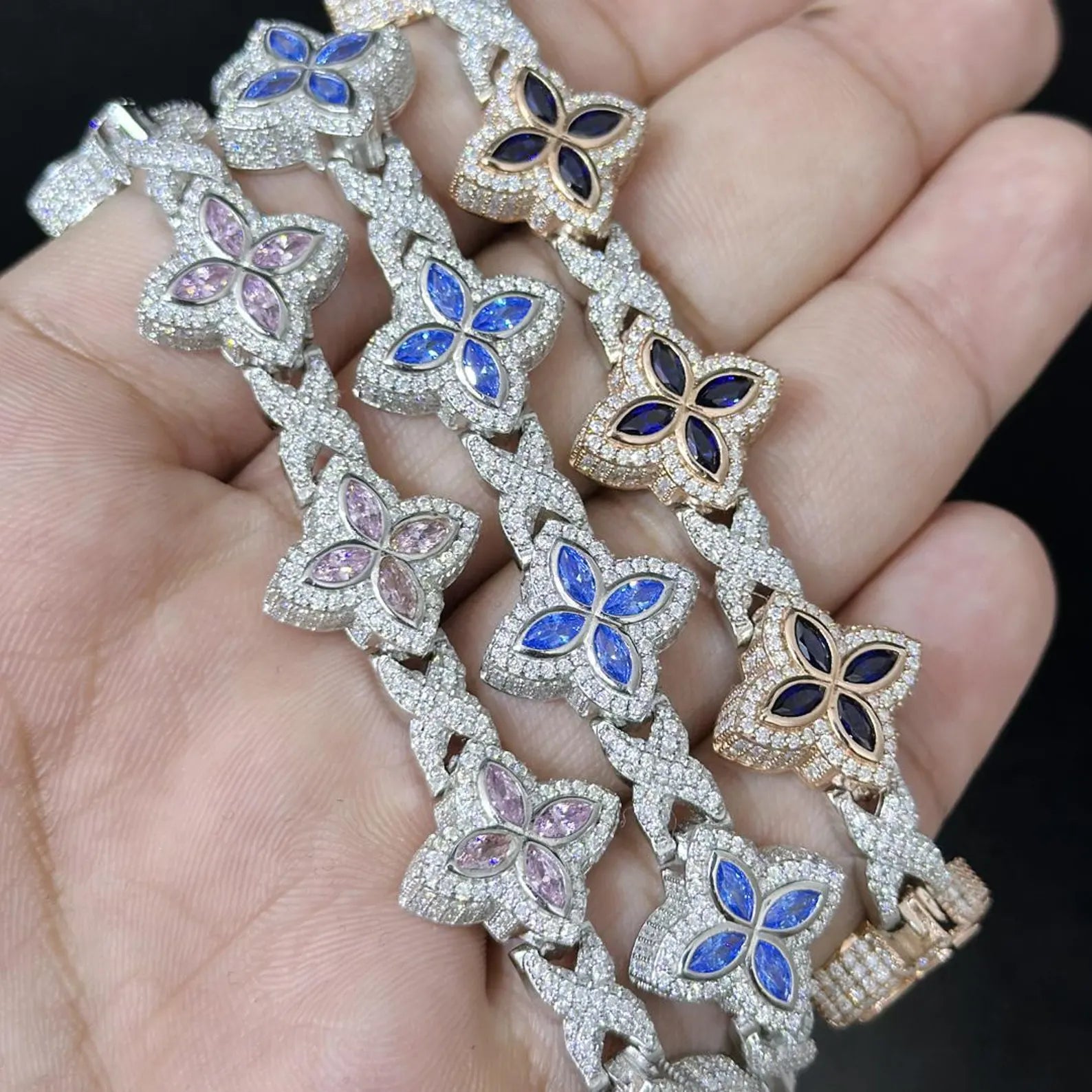 Colored Sapphire Moissanite Clover Bracelet  [9.04CTW Moissanites] Round Moissanites 925 Sterling Silver