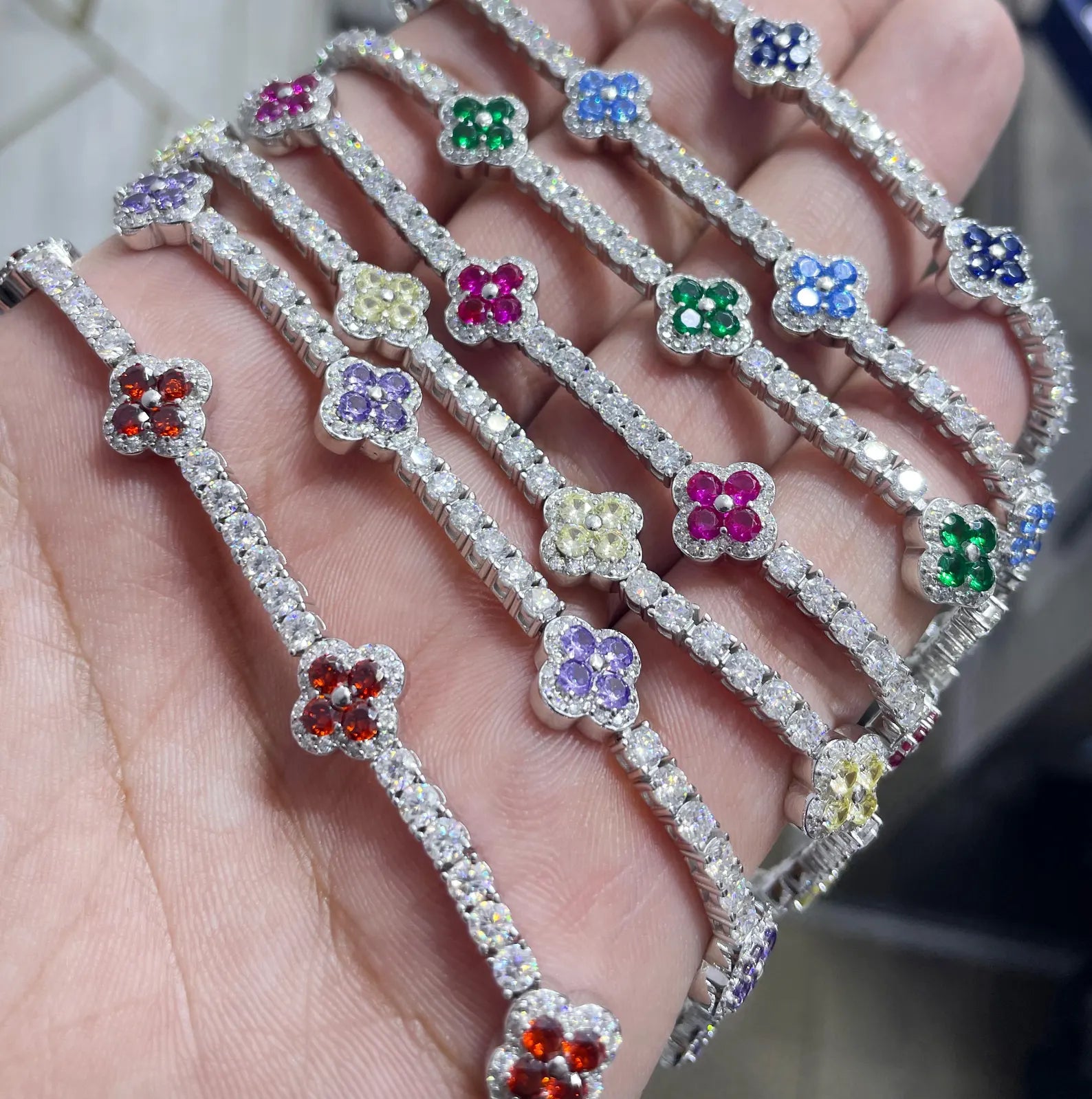 Colorful Clover Bracelet [9.04CTW Moissanites] Round Moissanites 925 Sterling Silver