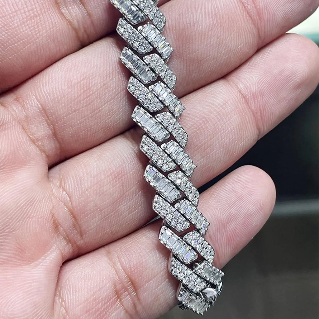 Iced Out Baguette Round Cuban Link Bracelet 12mm [12.33CTW] Moissanites in 925 Sterling Silver
