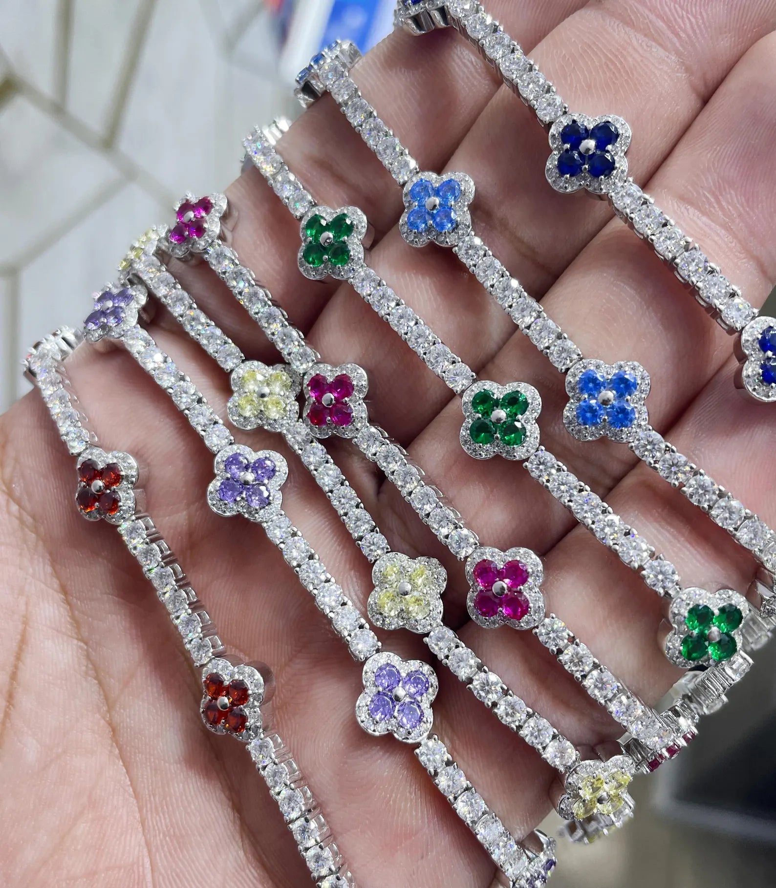 Colorful Clover Bracelet [9.04CTW Moissanites] Round Moissanites 925 Sterling Silver