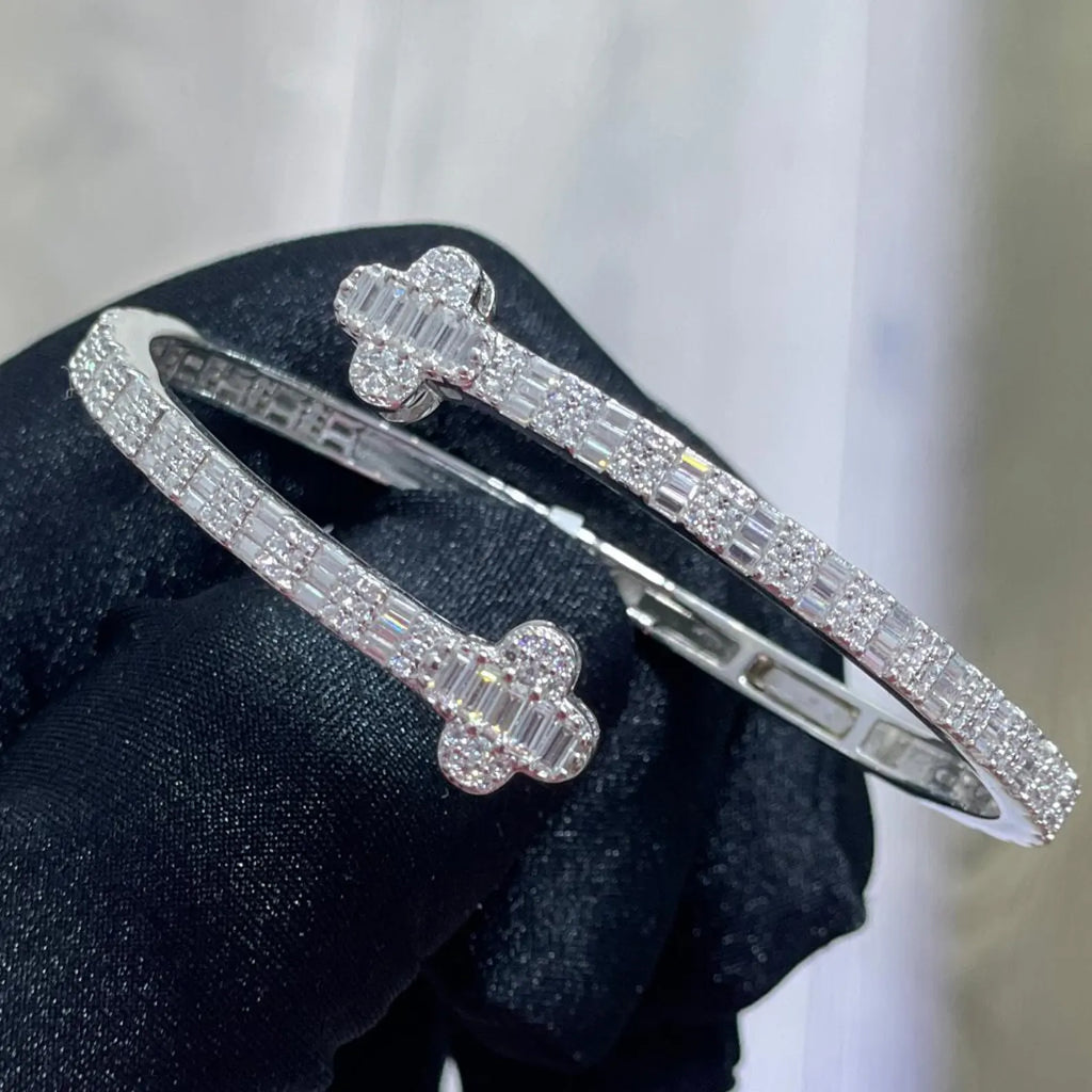 Four Leaf Clover Baguette Cuff Bangle [4.20CTW Moissanites] Baguette & Round 925 Sterling Silver