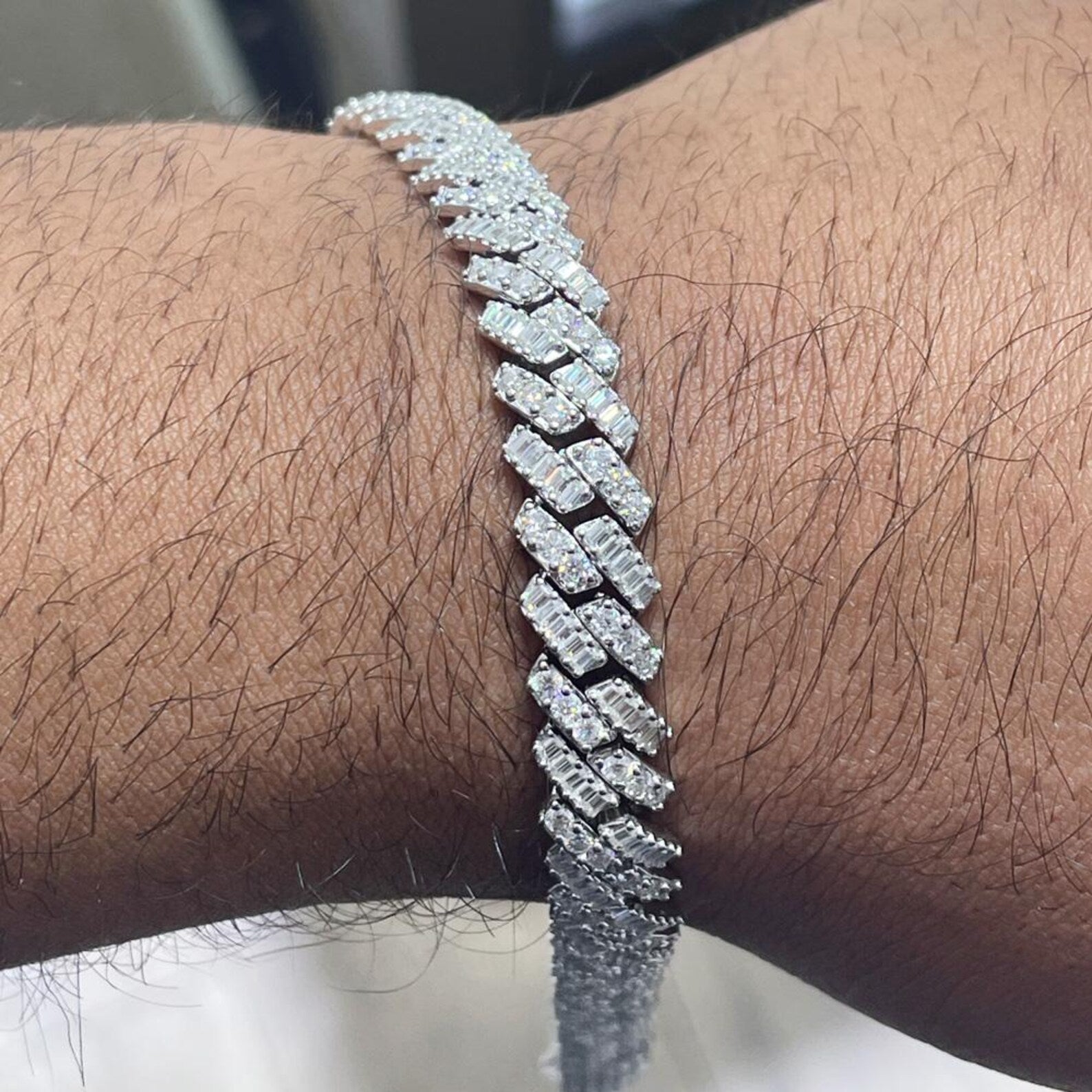 VVS Baguette Round Moissanite Cuban Bracelet in 925 Sterling Silver