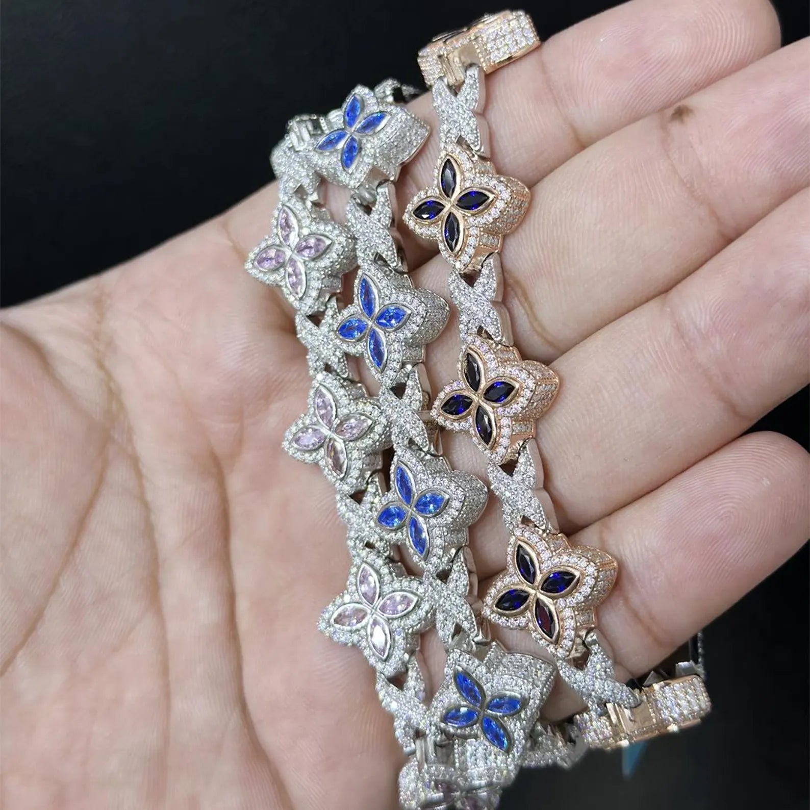 Colored Sapphire Moissanite Clover Bracelet  [9.04CTW Moissanites] Round Moissanites 925 Sterling Silver