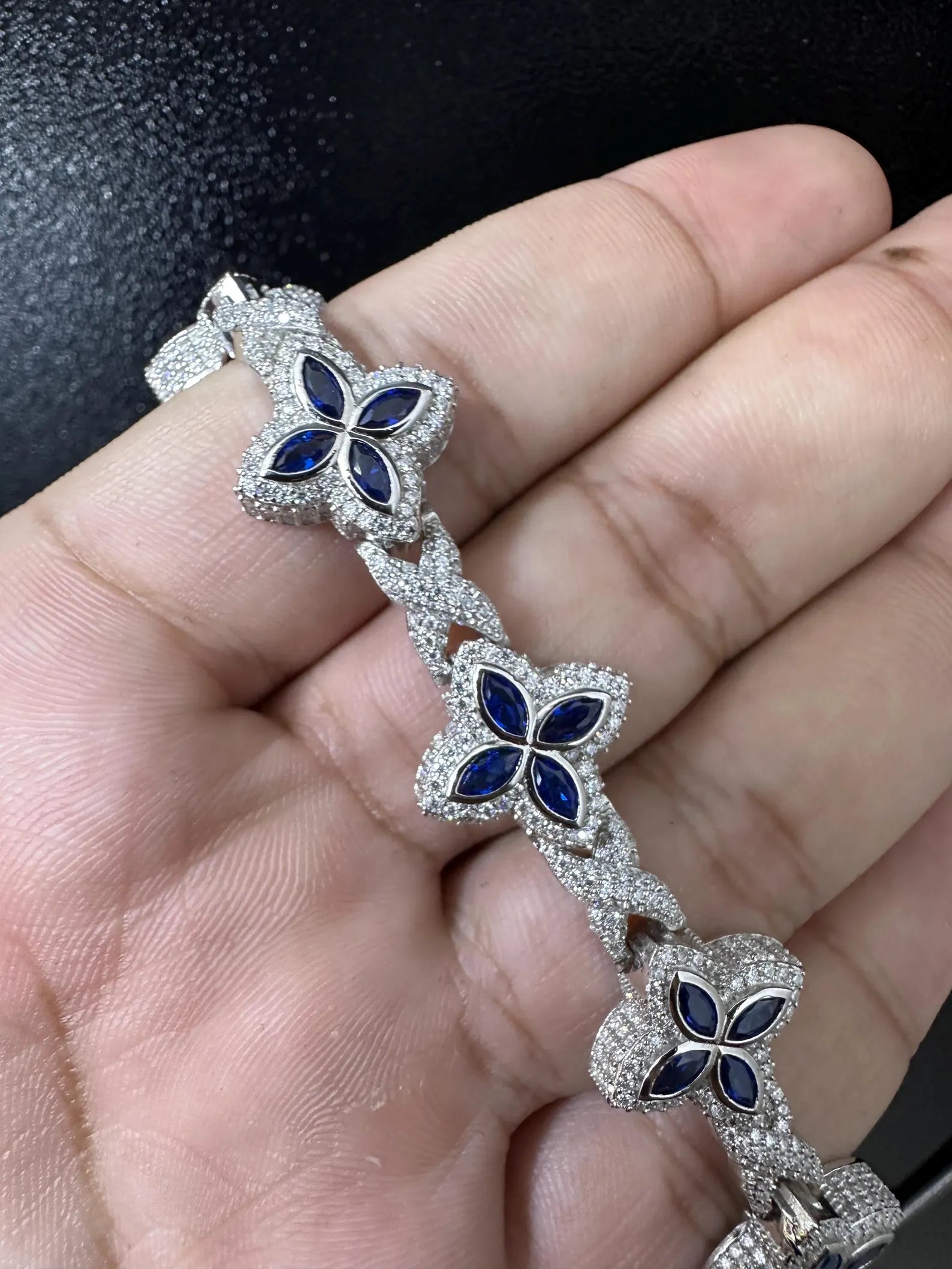 Clover VVS Iced out Bracelet Blue [9.04 CTW] Moissanites in 925 Sterling Silver