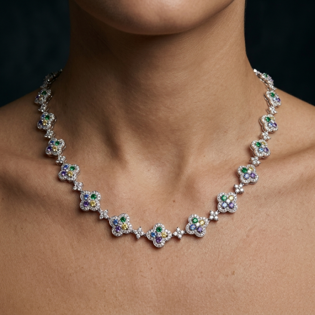 Clover Multi-Color Moissanite Necklace [9.30CTW] in 925 Sterling Silver